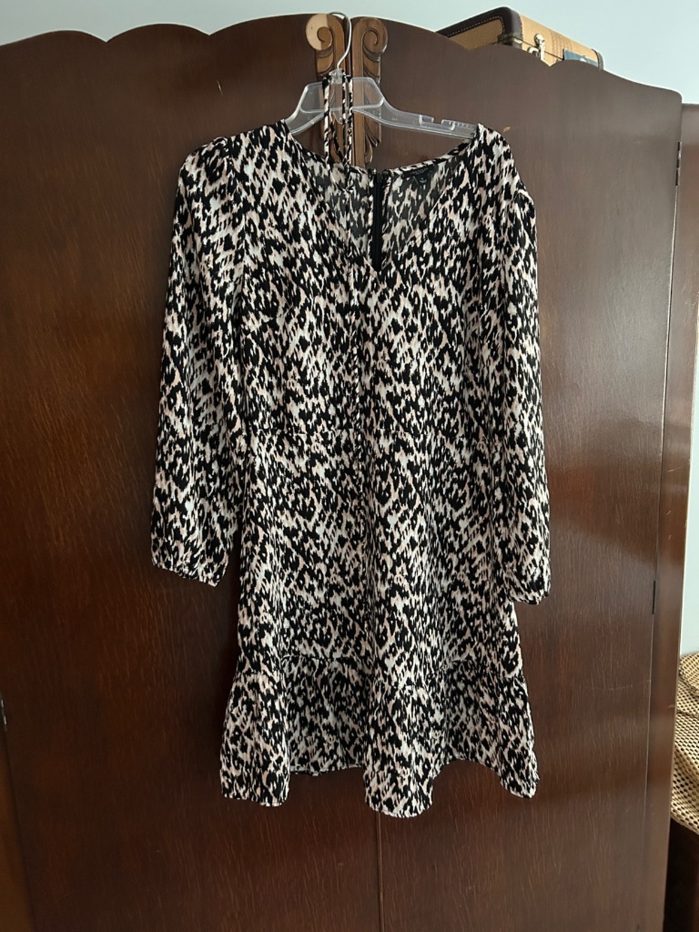 Ann Taylor Black and Cream Printed Long-Sleeve Dress